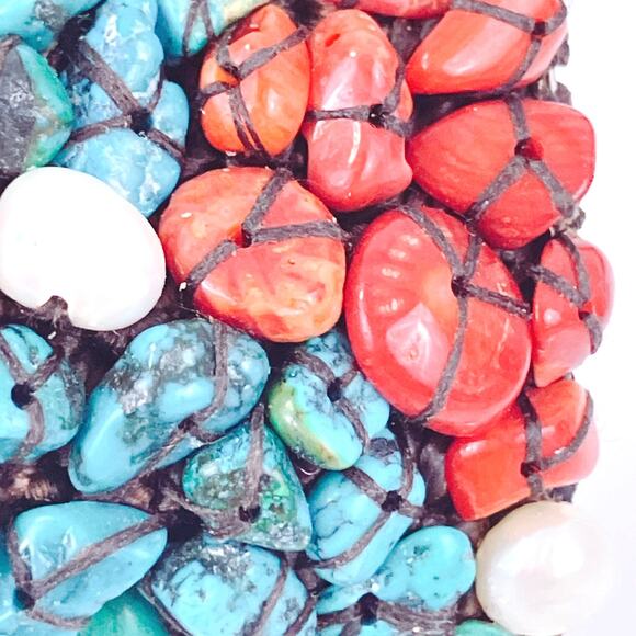 Signed SOMS TH Turquoise Coral Pearl Boho Artisan Woven Adjustable Cuff Bracelet - Picture 8 of 9